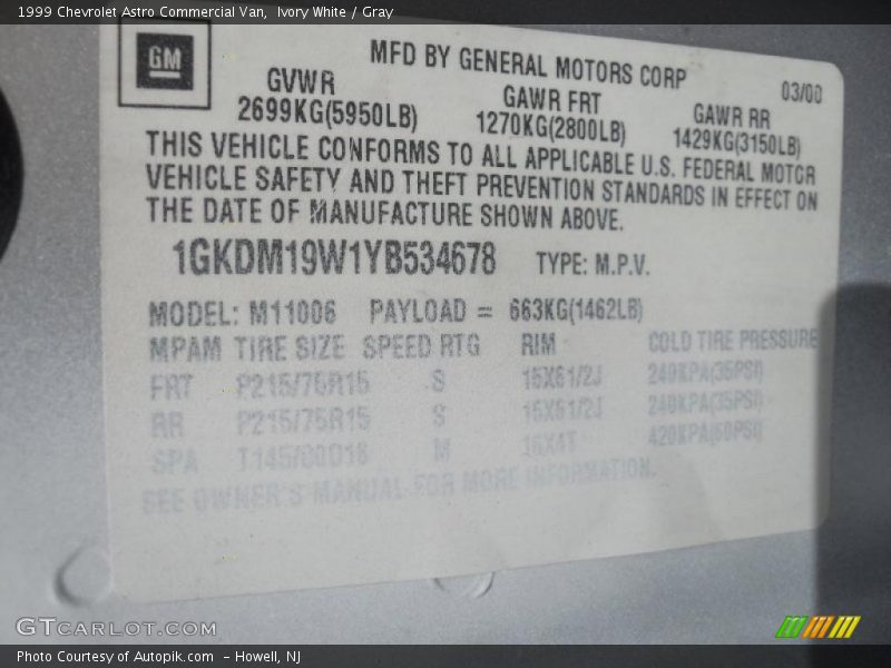 Ivory White / Gray 1999 Chevrolet Astro Commercial Van
