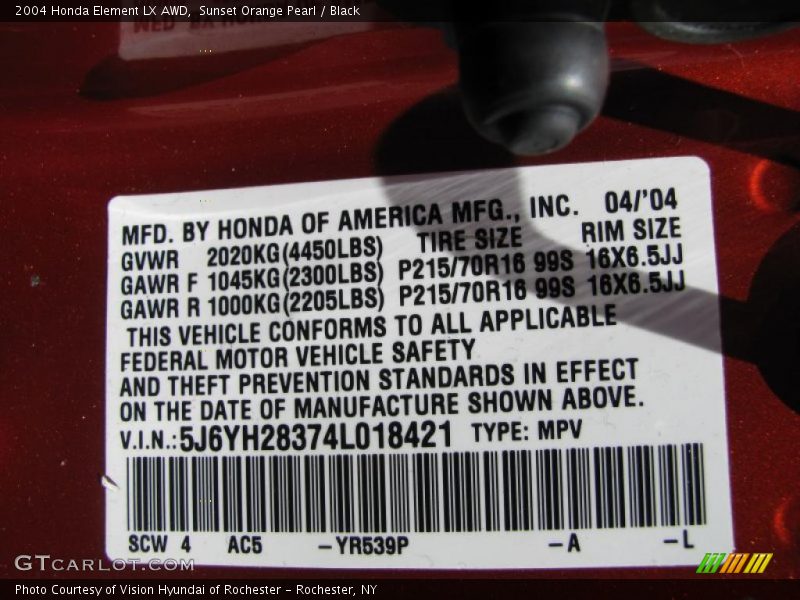 Sunset Orange Pearl / Black 2004 Honda Element LX AWD