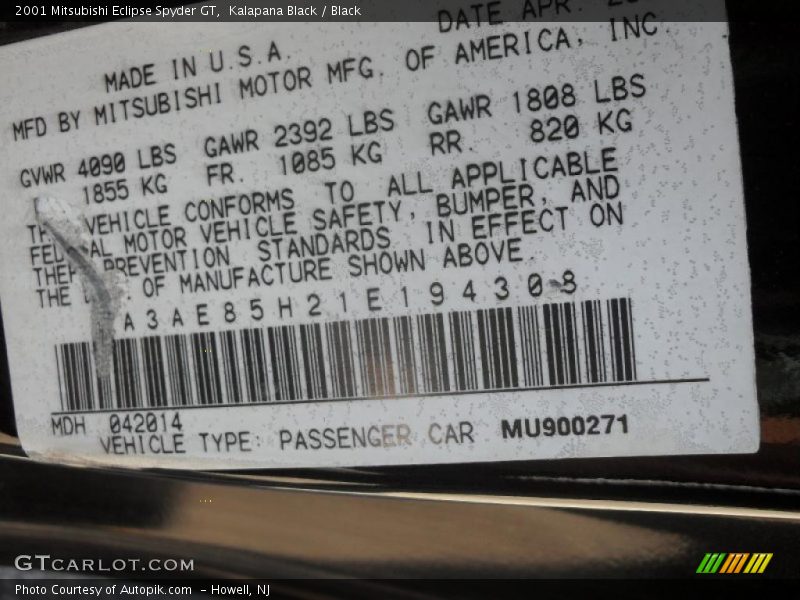 Kalapana Black / Black 2001 Mitsubishi Eclipse Spyder GT