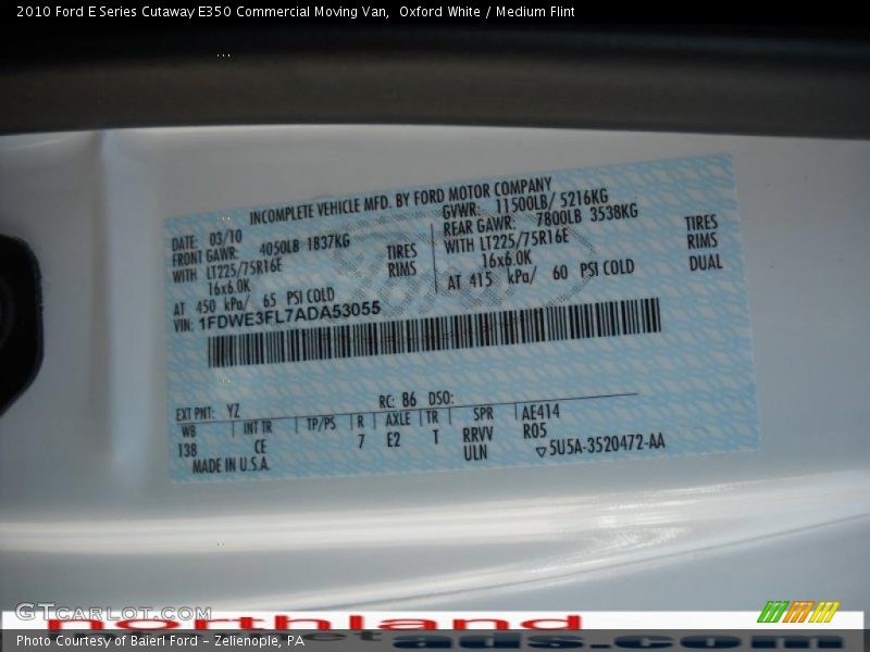 Oxford White / Medium Flint 2010 Ford E Series Cutaway E350 Commercial Moving Van