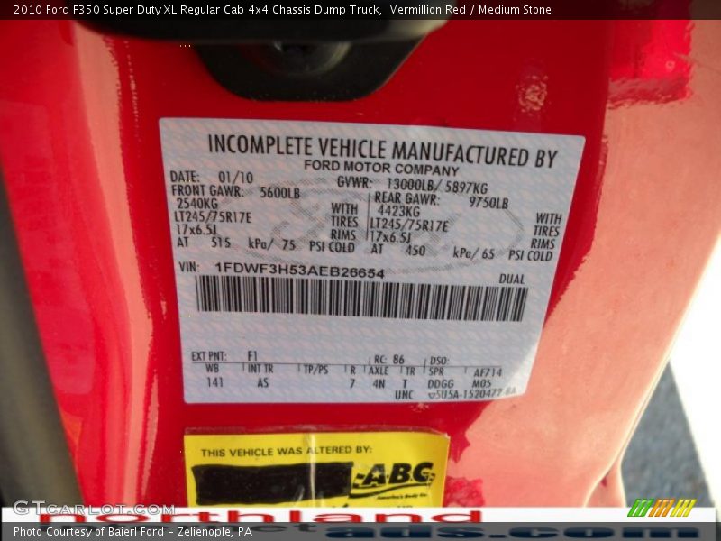 Vermillion Red / Medium Stone 2010 Ford F350 Super Duty XL Regular Cab 4x4 Chassis Dump Truck