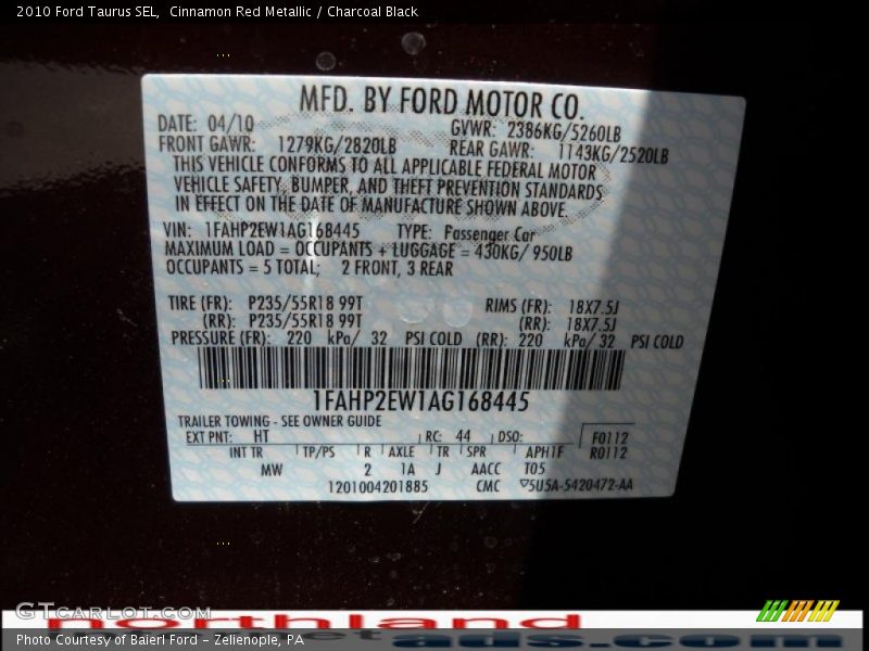 Cinnamon Red Metallic / Charcoal Black 2010 Ford Taurus SEL