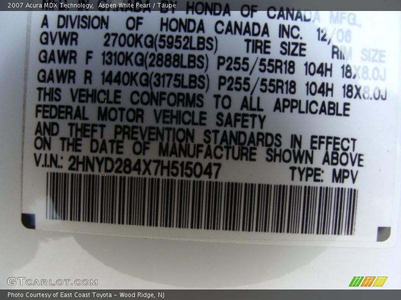 Aspen White Pearl / Taupe 2007 Acura MDX Technology