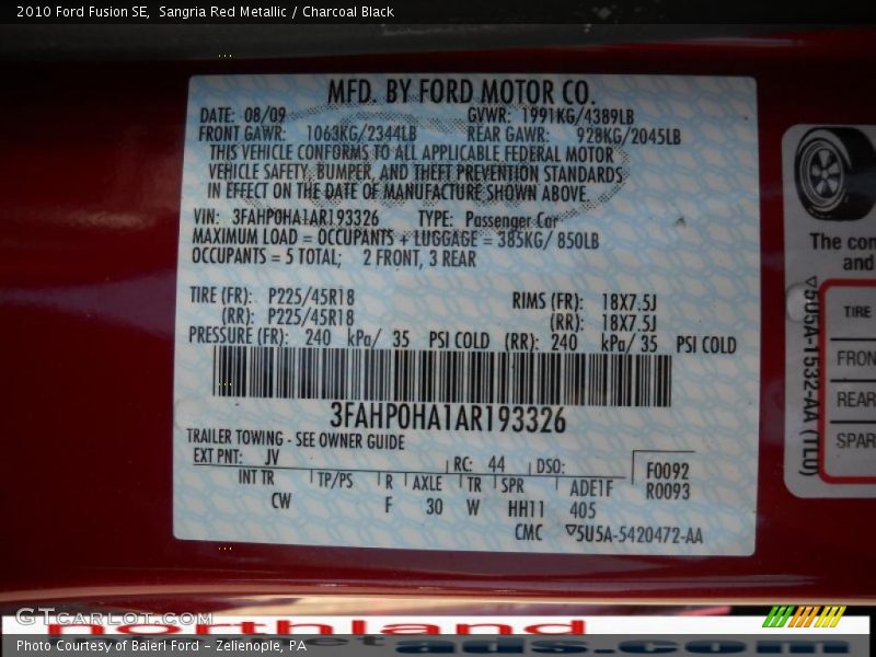 Sangria Red Metallic / Charcoal Black 2010 Ford Fusion SE
