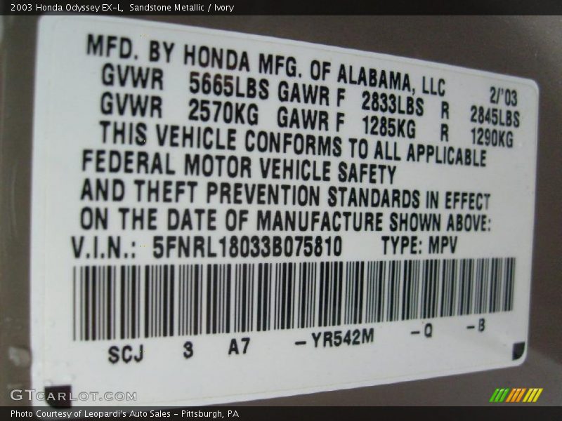 Sandstone Metallic / Ivory 2003 Honda Odyssey EX-L