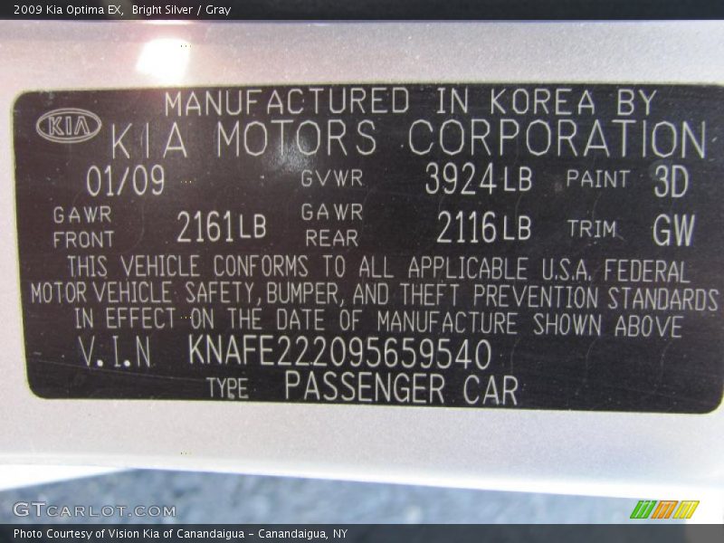 Bright Silver / Gray 2009 Kia Optima EX