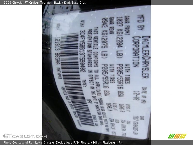 Black / Dark Slate Gray 2003 Chrysler PT Cruiser Touring