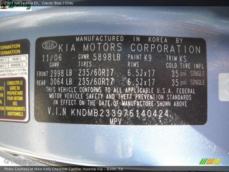 Glacier Blue / Gray 2007 Kia Sedona EX