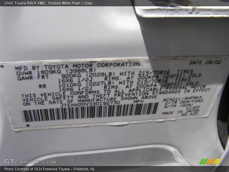 Frosted White Pearl / Gray 2003 Toyota RAV4 4WD