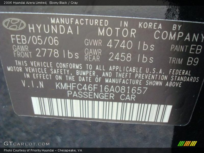Ebony Black / Gray 2006 Hyundai Azera Limited