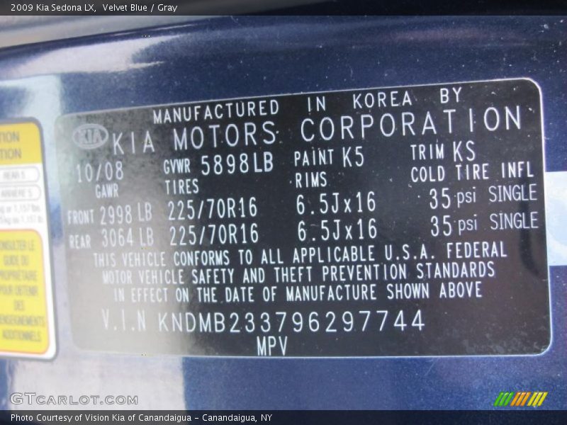 Velvet Blue / Gray 2009 Kia Sedona LX