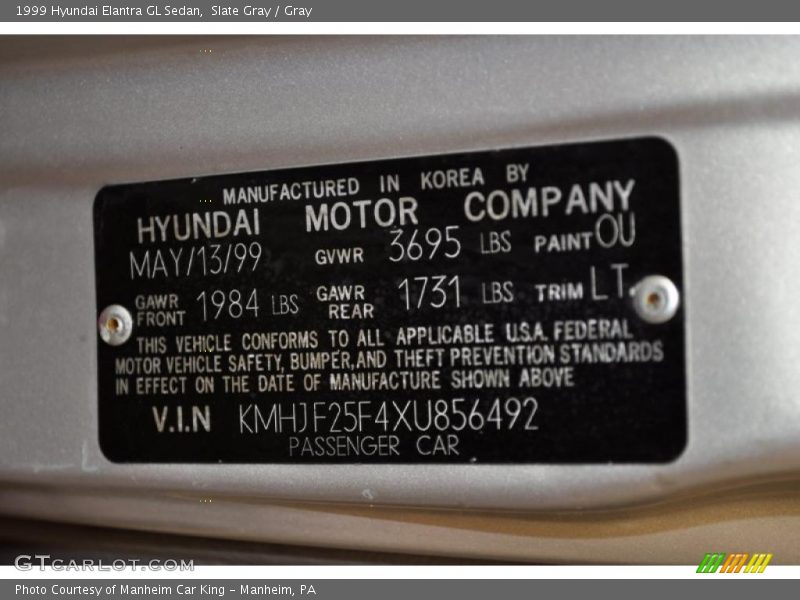 Slate Gray / Gray 1999 Hyundai Elantra GL Sedan