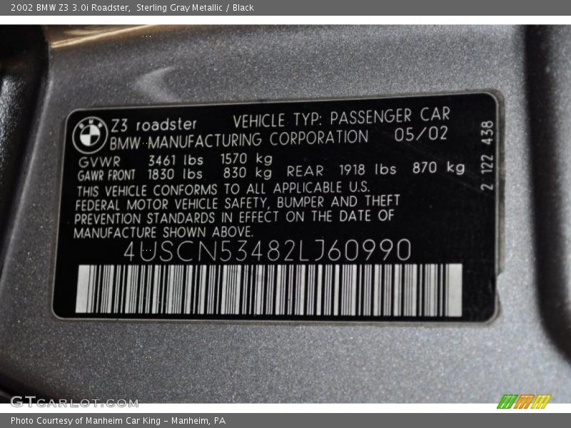 Sterling Gray Metallic / Black 2002 BMW Z3 3.0i Roadster