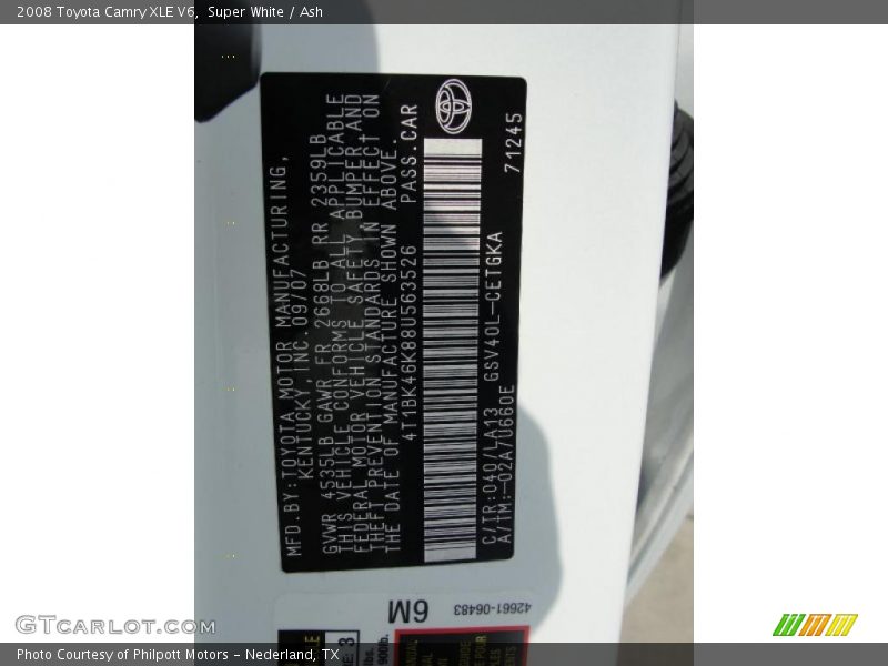 Super White / Ash 2008 Toyota Camry XLE V6