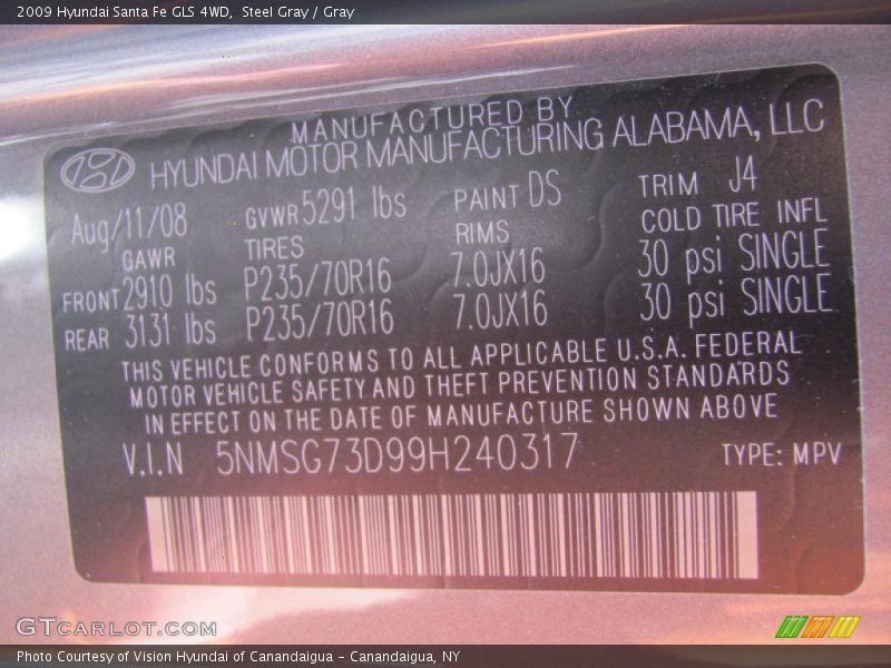 Steel Gray / Gray 2009 Hyundai Santa Fe GLS 4WD