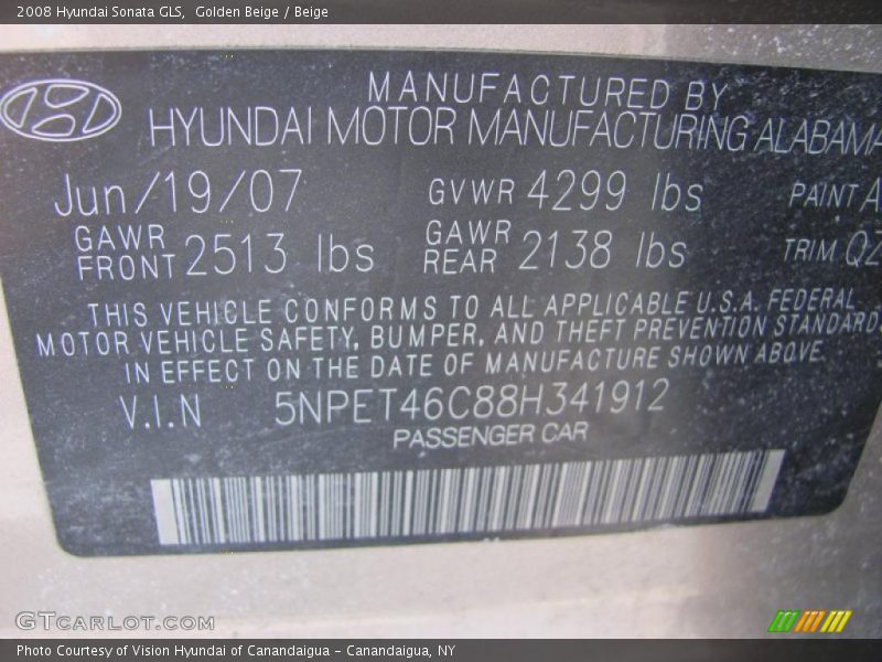 Golden Beige / Beige 2008 Hyundai Sonata GLS
