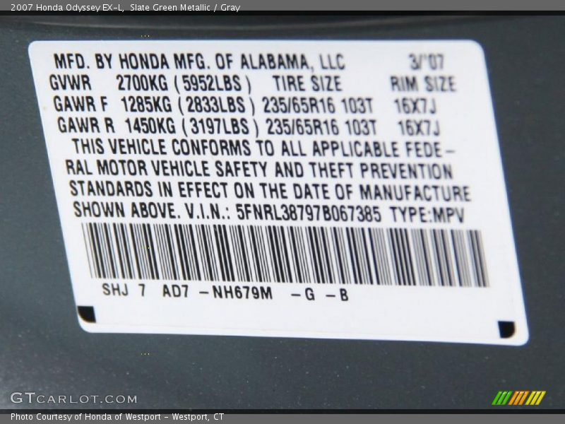 Slate Green Metallic / Gray 2007 Honda Odyssey EX-L