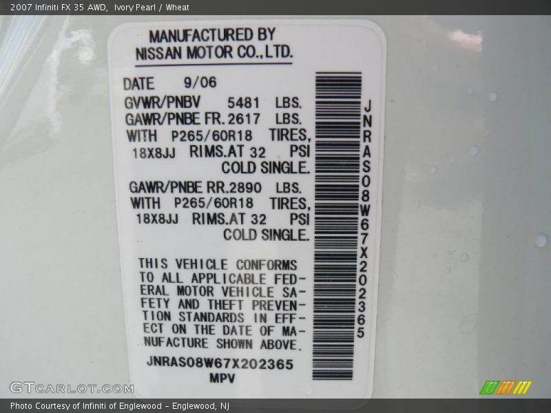 Ivory Pearl / Wheat 2007 Infiniti FX 35 AWD