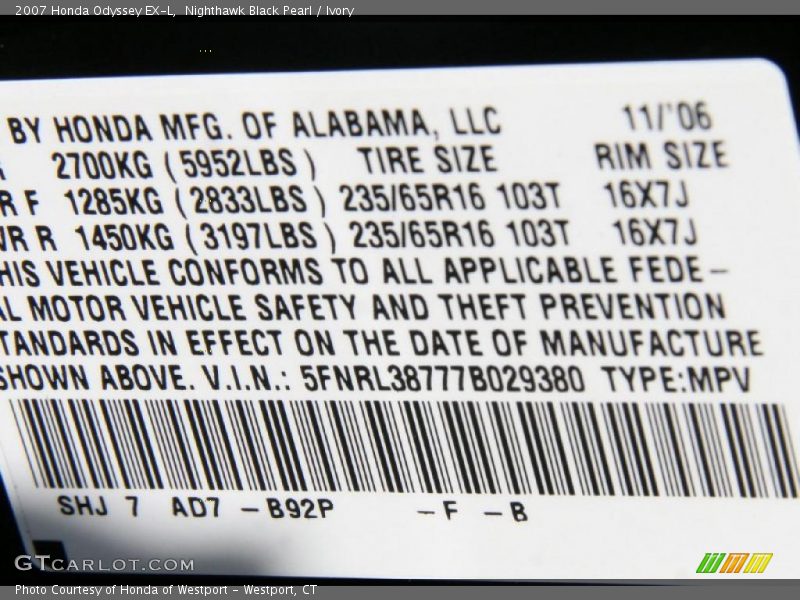 Nighthawk Black Pearl / Ivory 2007 Honda Odyssey EX-L