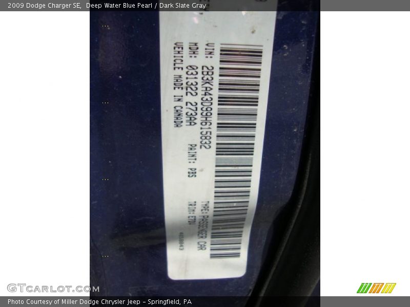 Deep Water Blue Pearl / Dark Slate Gray 2009 Dodge Charger SE