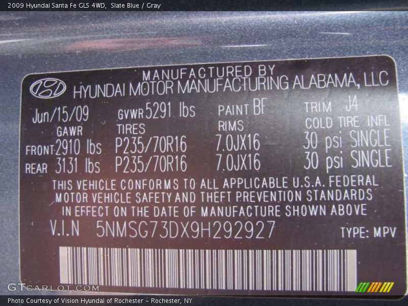 2009 Santa Fe GLS 4WD Slate Blue Color Code BF
