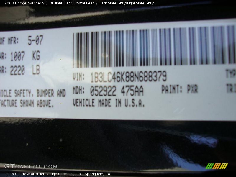 Brilliant Black Crystal Pearl / Dark Slate Gray/Light Slate Gray 2008 Dodge Avenger SE