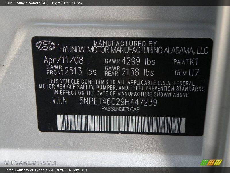 Bright Silver / Gray 2009 Hyundai Sonata GLS