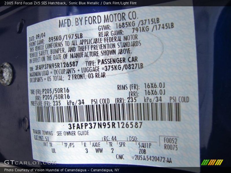 Sonic Blue Metallic / Dark Flint/Light Flint 2005 Ford Focus ZX5 SES Hatchback