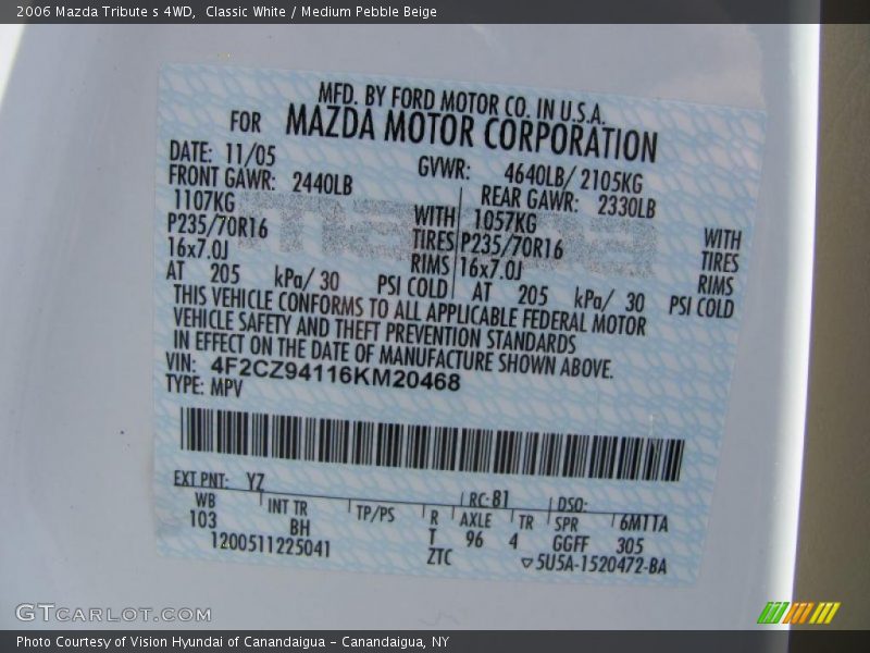 Classic White / Medium Pebble Beige 2006 Mazda Tribute s 4WD