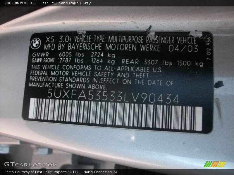 Titanium Silver Metallic / Gray 2003 BMW X5 3.0i