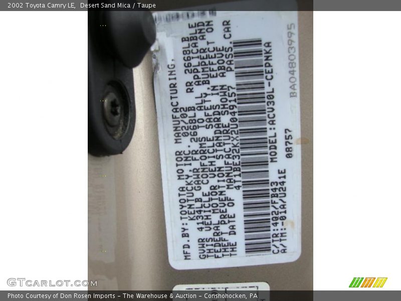 Desert Sand Mica / Taupe 2002 Toyota Camry LE