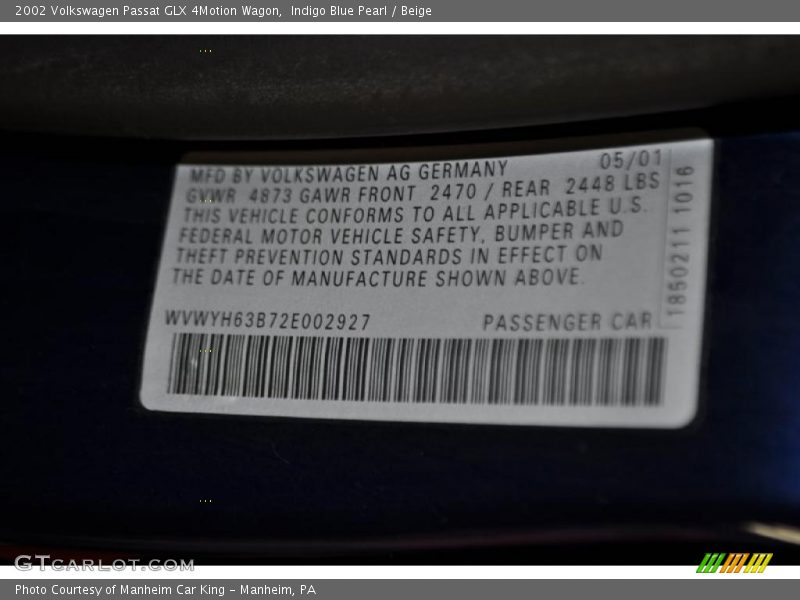 Indigo Blue Pearl / Beige 2002 Volkswagen Passat GLX 4Motion Wagon