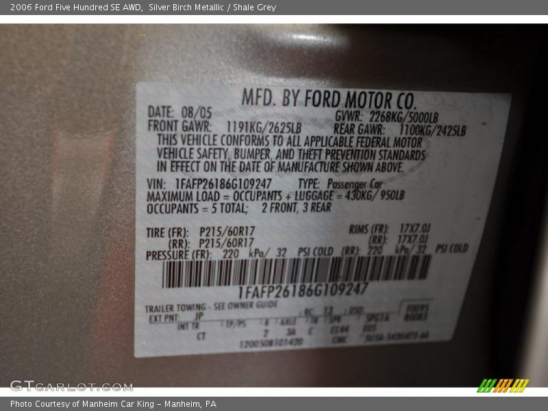 Silver Birch Metallic / Shale Grey 2006 Ford Five Hundred SE AWD