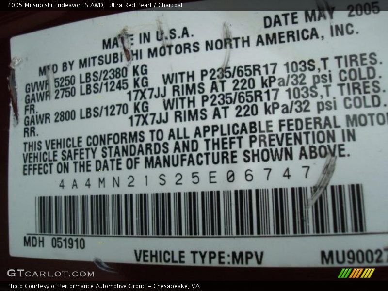 Ultra Red Pearl / Charcoal 2005 Mitsubishi Endeavor LS AWD