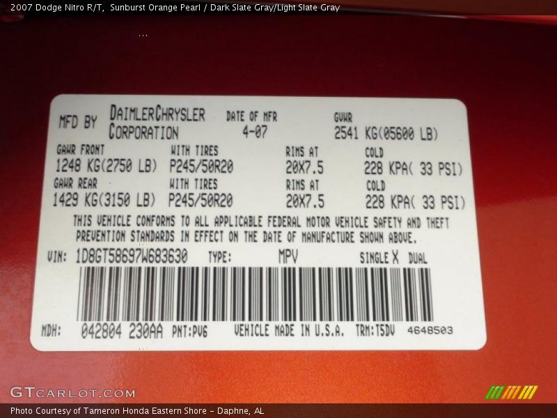 Sunburst Orange Pearl / Dark Slate Gray/Light Slate Gray 2007 Dodge Nitro R/T
