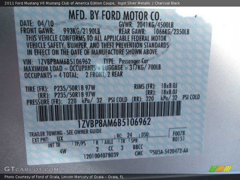 Ingot Silver Metallic / Charcoal Black 2011 Ford Mustang V6 Mustang Club of America Edition Coupe