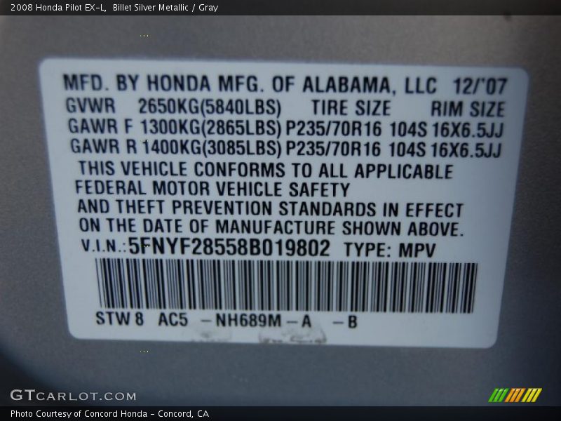 Billet Silver Metallic / Gray 2008 Honda Pilot EX-L