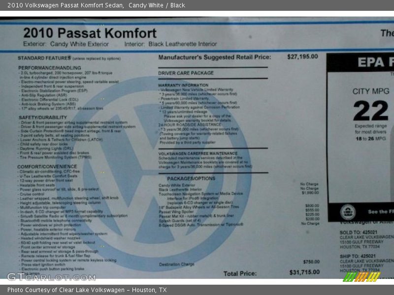 Candy White / Black 2010 Volkswagen Passat Komfort Sedan