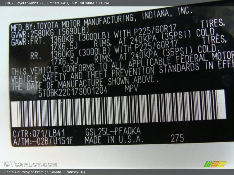 Natural White / Taupe 2007 Toyota Sienna XLE Limited AWD