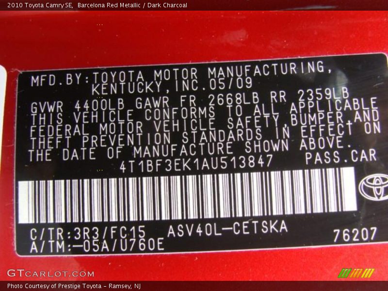 Barcelona Red Metallic / Dark Charcoal 2010 Toyota Camry SE
