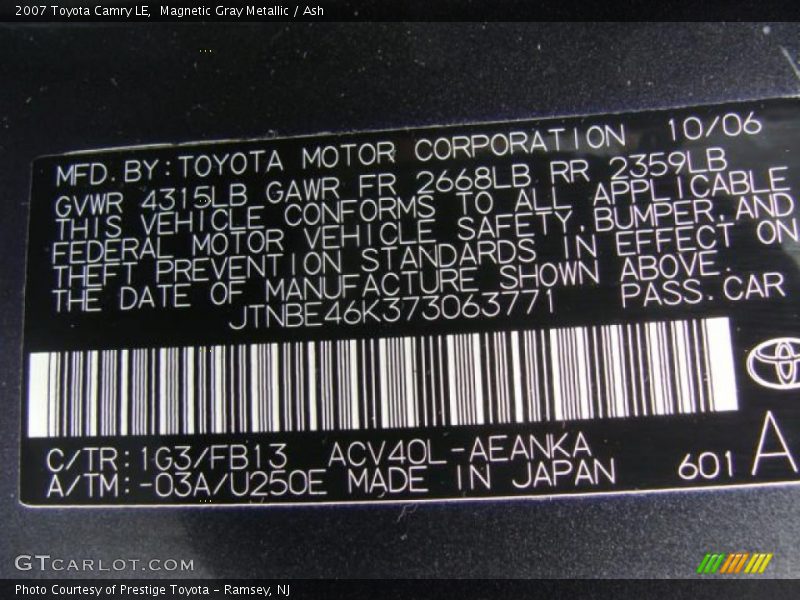Magnetic Gray Metallic / Ash 2007 Toyota Camry LE