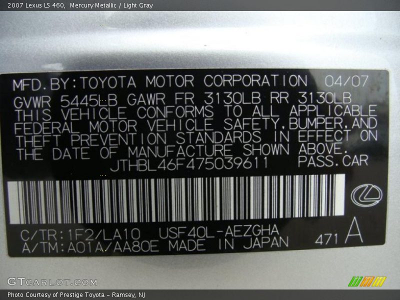 Mercury Metallic / Light Gray 2007 Lexus LS 460