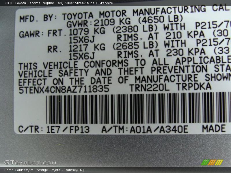 Silver Streak Mica / Graphite 2010 Toyota Tacoma Regular Cab