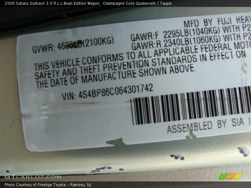 Champagne Gold Opalescent / Taupe 2006 Subaru Outback 3.0 R L.L.Bean Edition Wagon