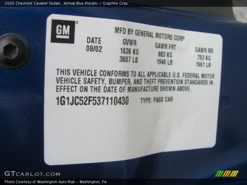 Arrival Blue Metallic / Graphite Gray 2003 Chevrolet Cavalier Sedan