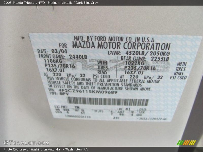 Platinum Metallic / Dark Flint Gray 2005 Mazda Tribute s 4WD
