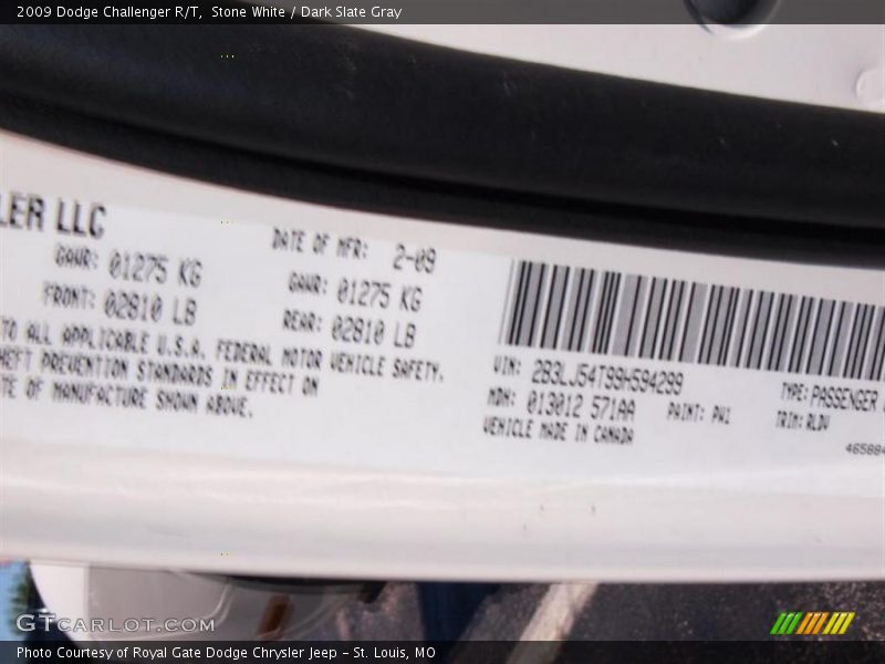 2009 Challenger R/T Stone White Color Code PW1