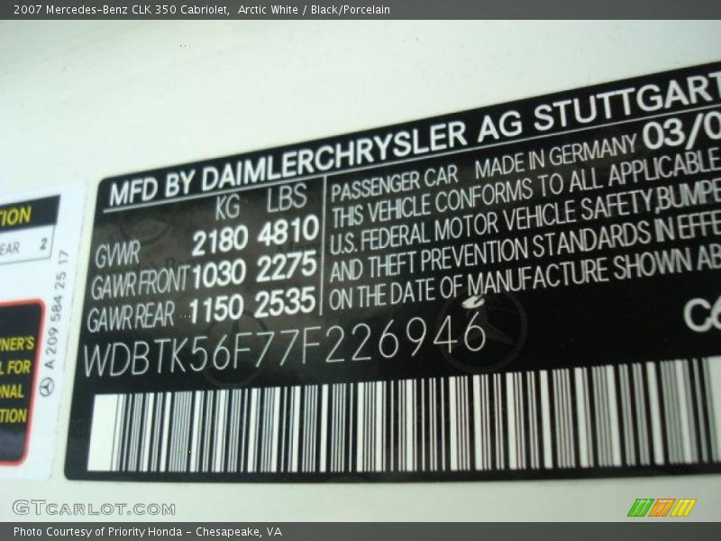 Arctic White / Black/Porcelain 2007 Mercedes-Benz CLK 350 Cabriolet