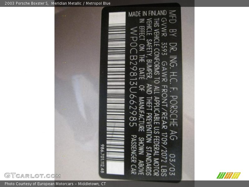Meridian Metallic / Metropol Blue 2003 Porsche Boxster S