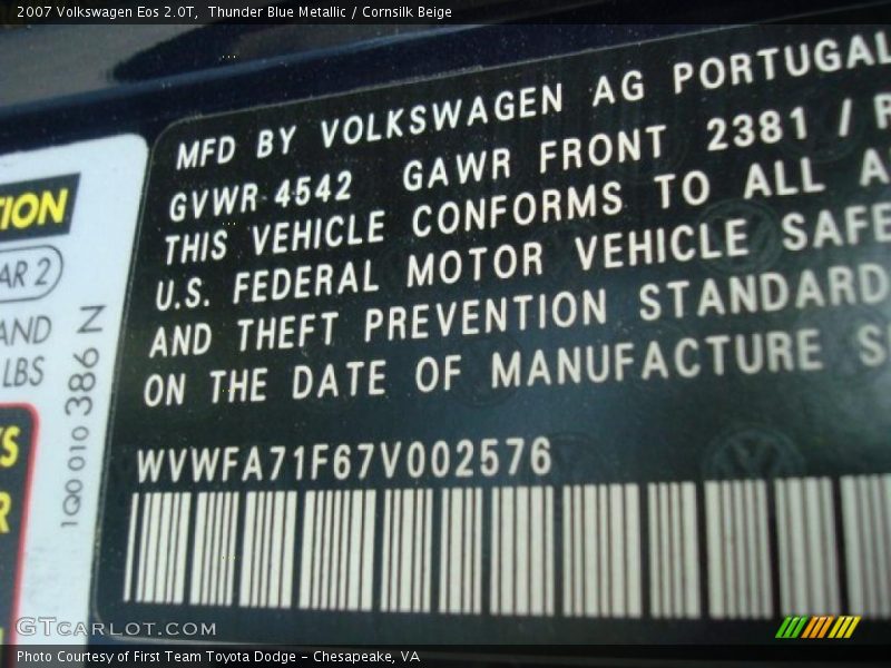 Thunder Blue Metallic / Cornsilk Beige 2007 Volkswagen Eos 2.0T